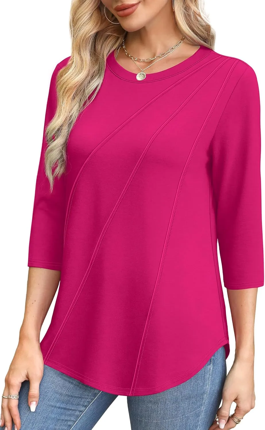 OFEEFAN 3/4 Length Sleeve Womens Tops Round Neck Blouses Dressy Casual Basic Pleated Shirts 2025