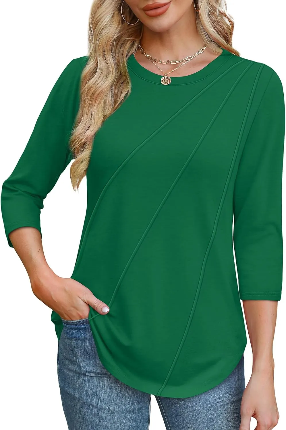 OFEEFAN 3/4 Length Sleeve Womens Tops Round Neck Blouses Dressy Casual Basic Pleated Shirts 2025