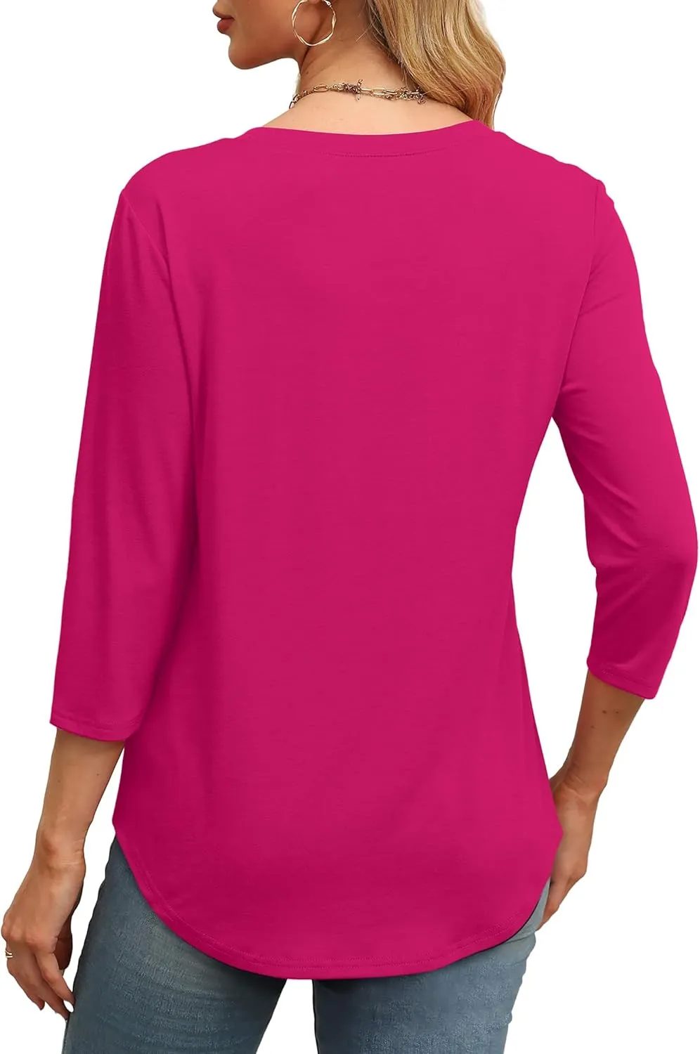 OFEEFAN 3/4 Length Sleeve Womens Tops Round Neck Blouses Dressy Casual Basic Pleated Shirts 2025