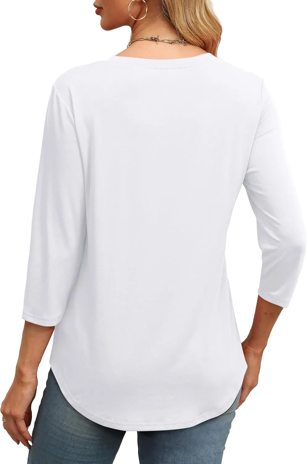OFEEFAN 3/4 Length Sleeve Womens Tops Round Neck Blouses Dressy Casual Basic Pleated Shirts 2025