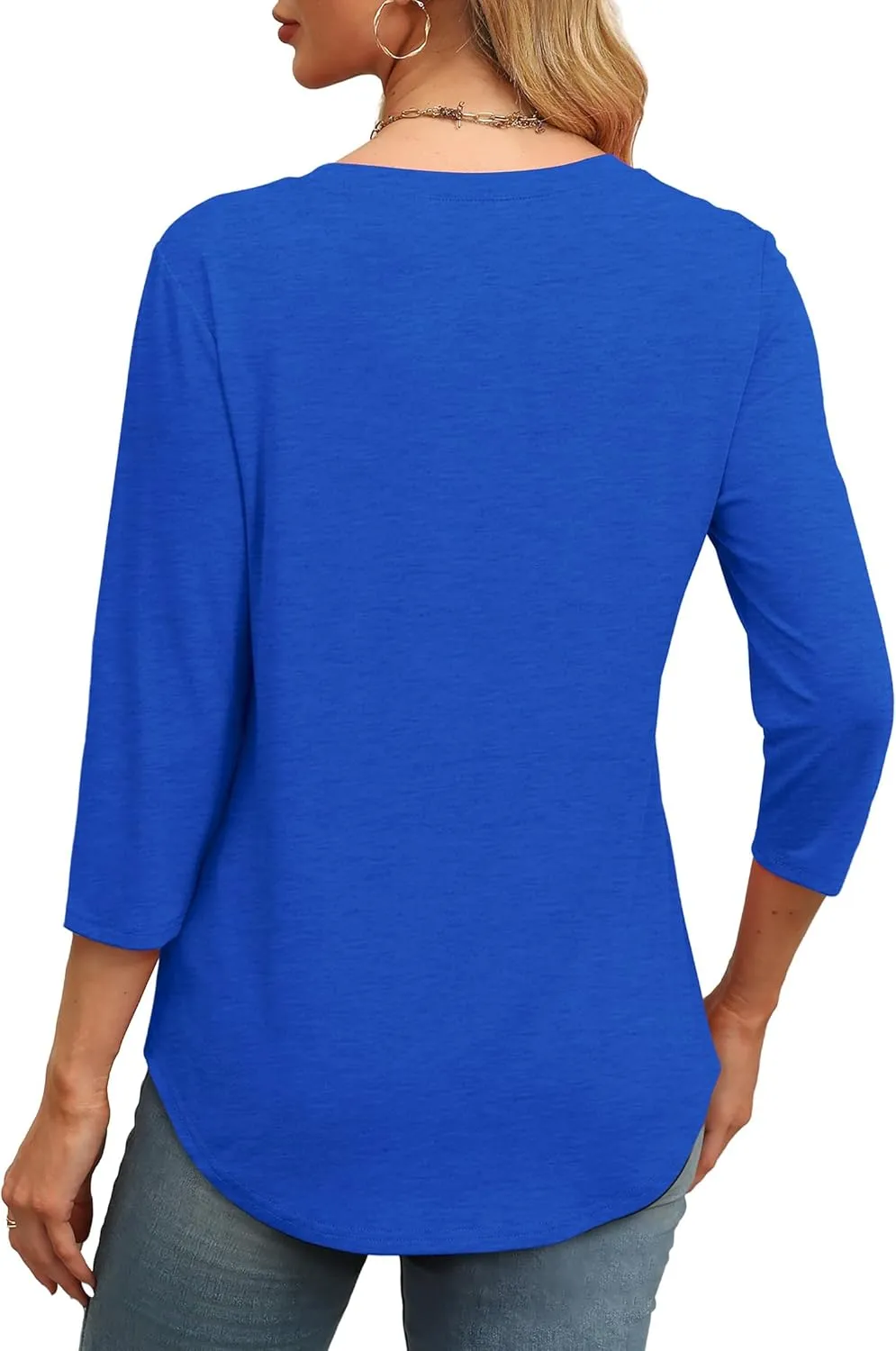 OFEEFAN 3/4 Length Sleeve Womens Tops Round Neck Blouses Dressy Casual Basic Pleated Shirts 2025