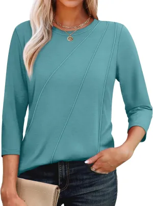 OFEEFAN 3/4 Length Sleeve Womens Tops Round Neck Blouses Dressy Casual Basic Pleated Shirts 2025
