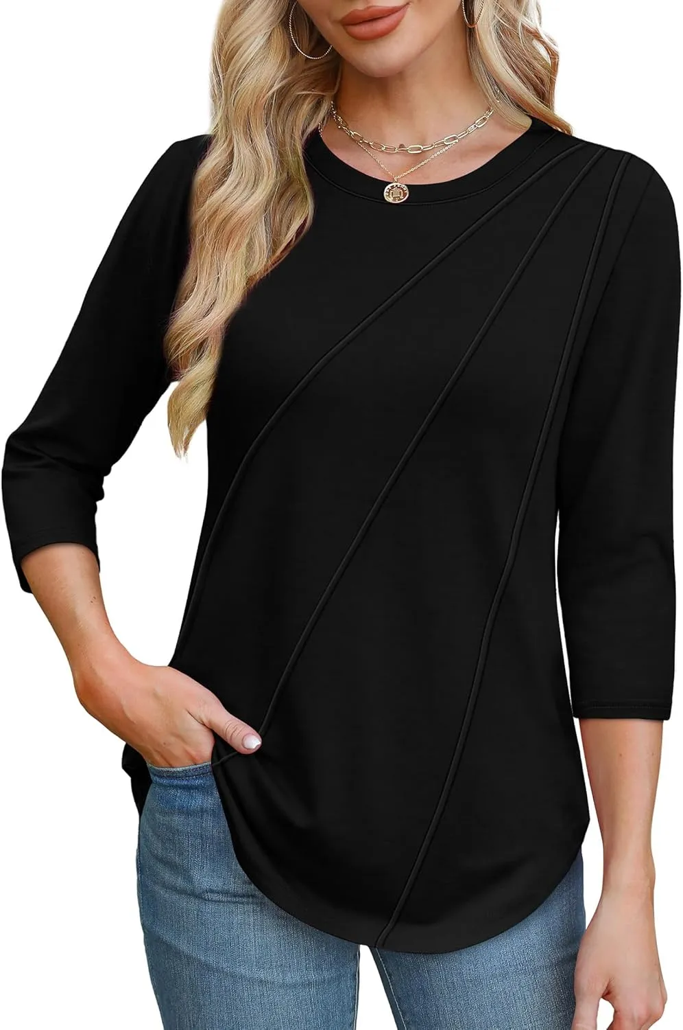 OFEEFAN 3/4 Length Sleeve Womens Tops Round Neck Blouses Dressy Casual Basic Pleated Shirts 2025
