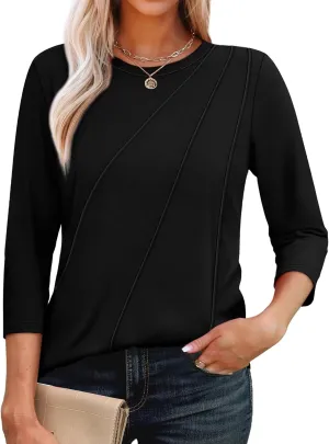 OFEEFAN 3/4 Length Sleeve Womens Tops Round Neck Blouses Dressy Casual Basic Pleated Shirts 2025