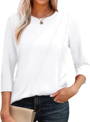 OFEEFAN 3/4 Length Sleeve Womens Tops Round Neck Blouses Dressy Casual Basic Pleated Shirts 2025