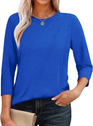 OFEEFAN 3/4 Length Sleeve Womens Tops Round Neck Blouses Dressy Casual Basic Pleated Shirts 2025
