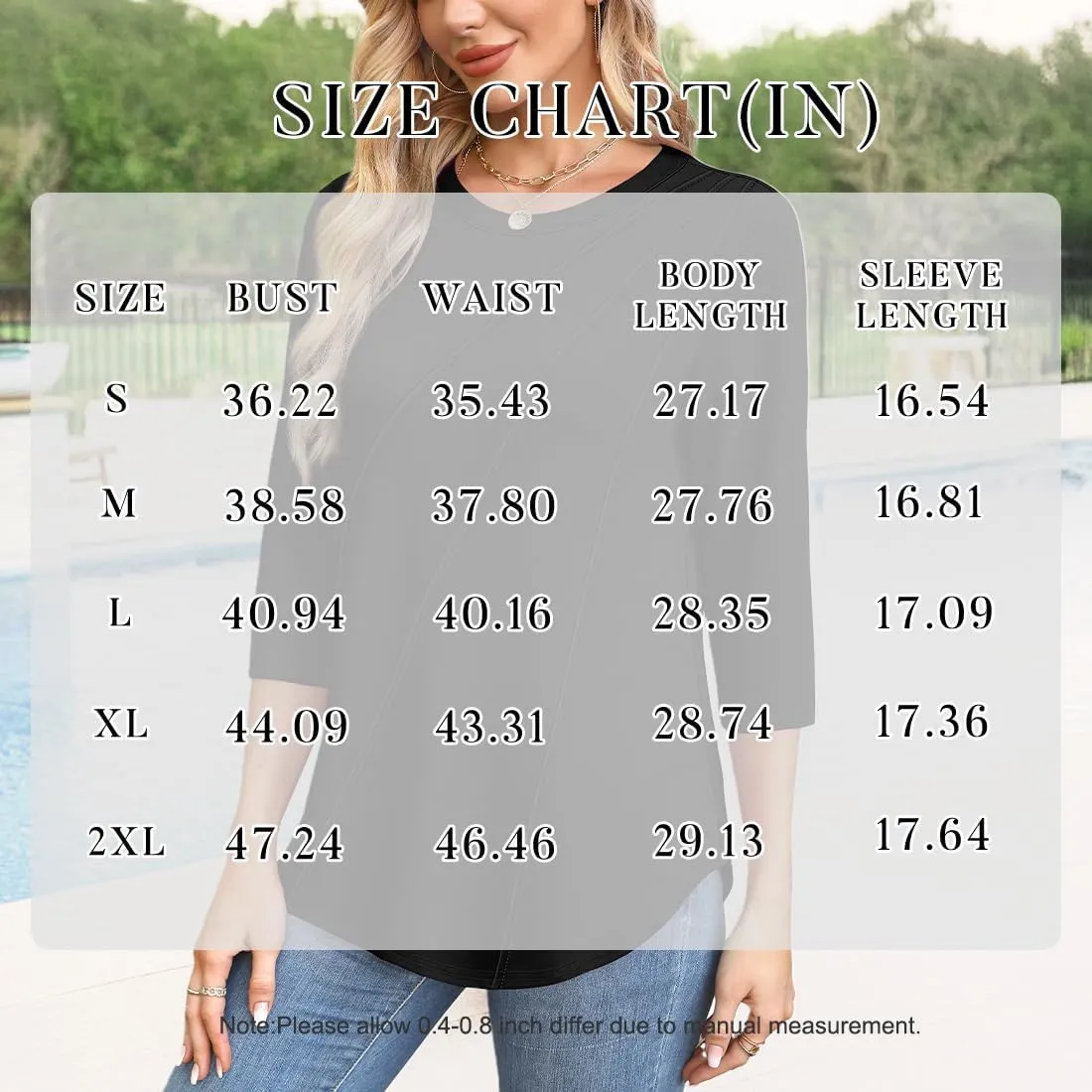 OFEEFAN 3/4 Length Sleeve Womens Tops Round Neck Blouses Dressy Casual Basic Pleated Shirts 2025