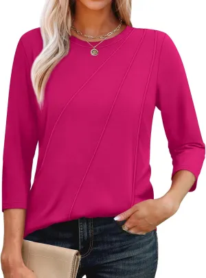 OFEEFAN 3/4 Length Sleeve Womens Tops Round Neck Blouses Dressy Casual Basic Pleated Shirts 2025