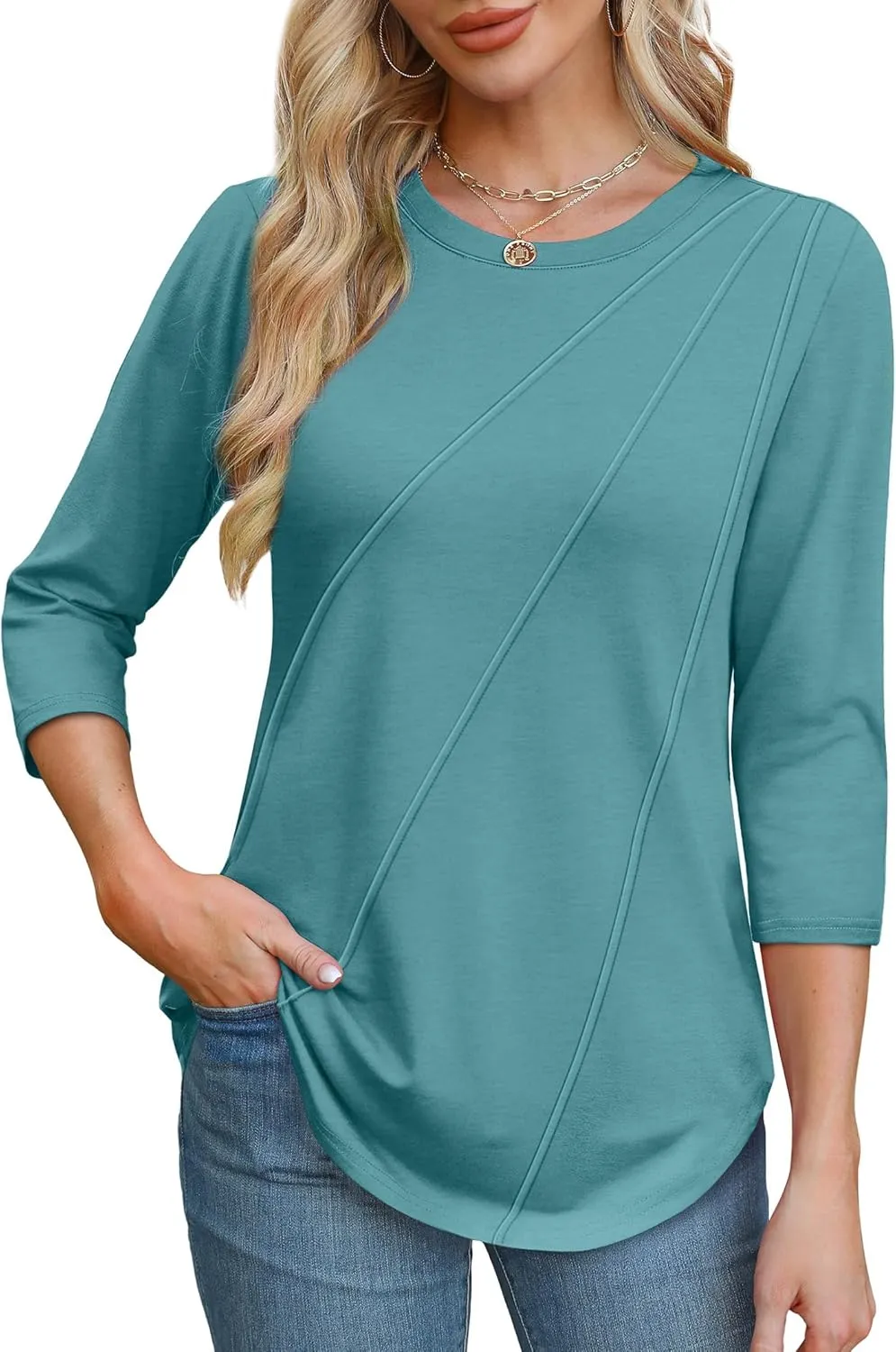 OFEEFAN 3/4 Length Sleeve Womens Tops Round Neck Blouses Dressy Casual Basic Pleated Shirts 2025