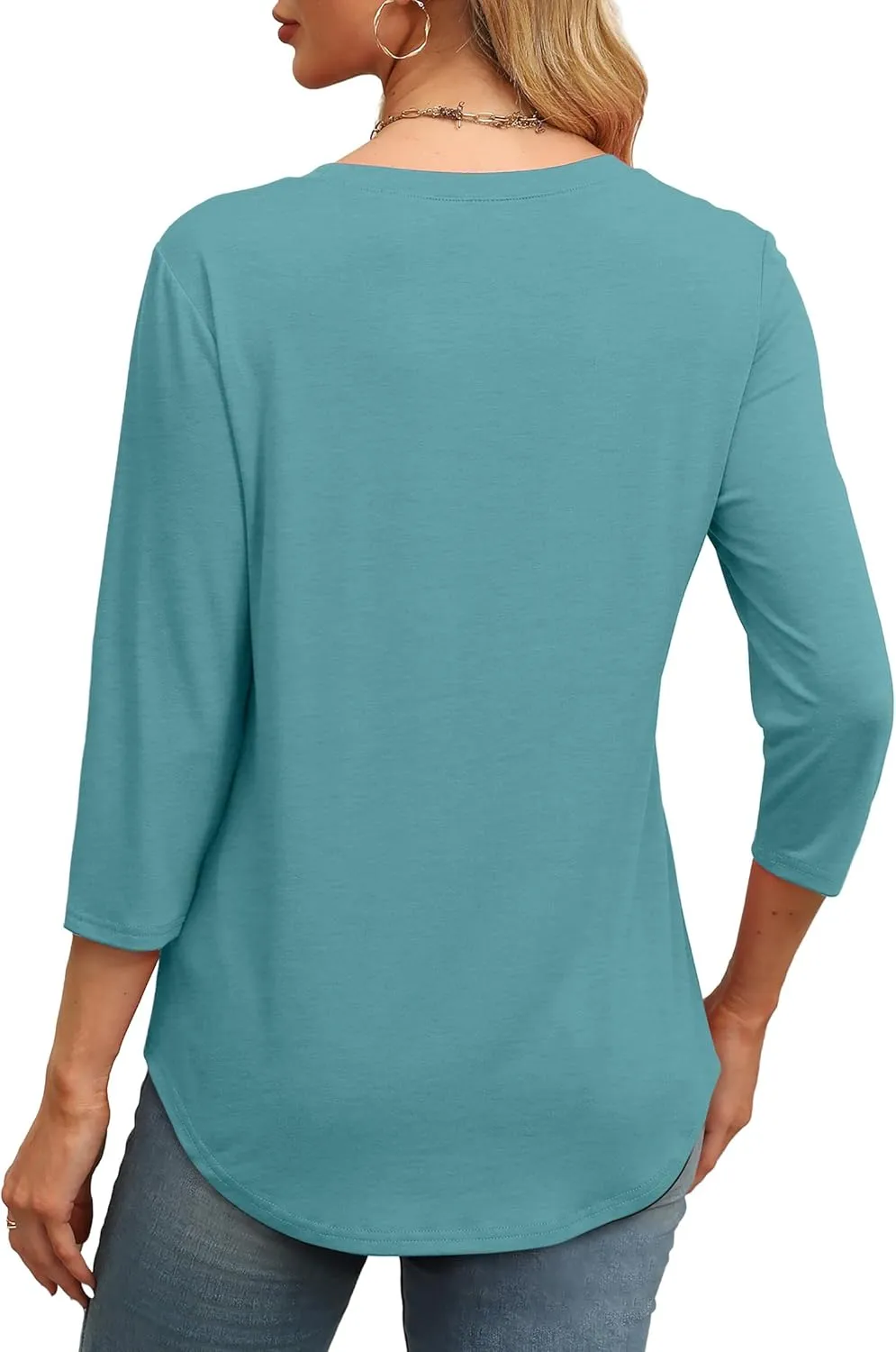 OFEEFAN 3/4 Length Sleeve Womens Tops Round Neck Blouses Dressy Casual Basic Pleated Shirts 2025