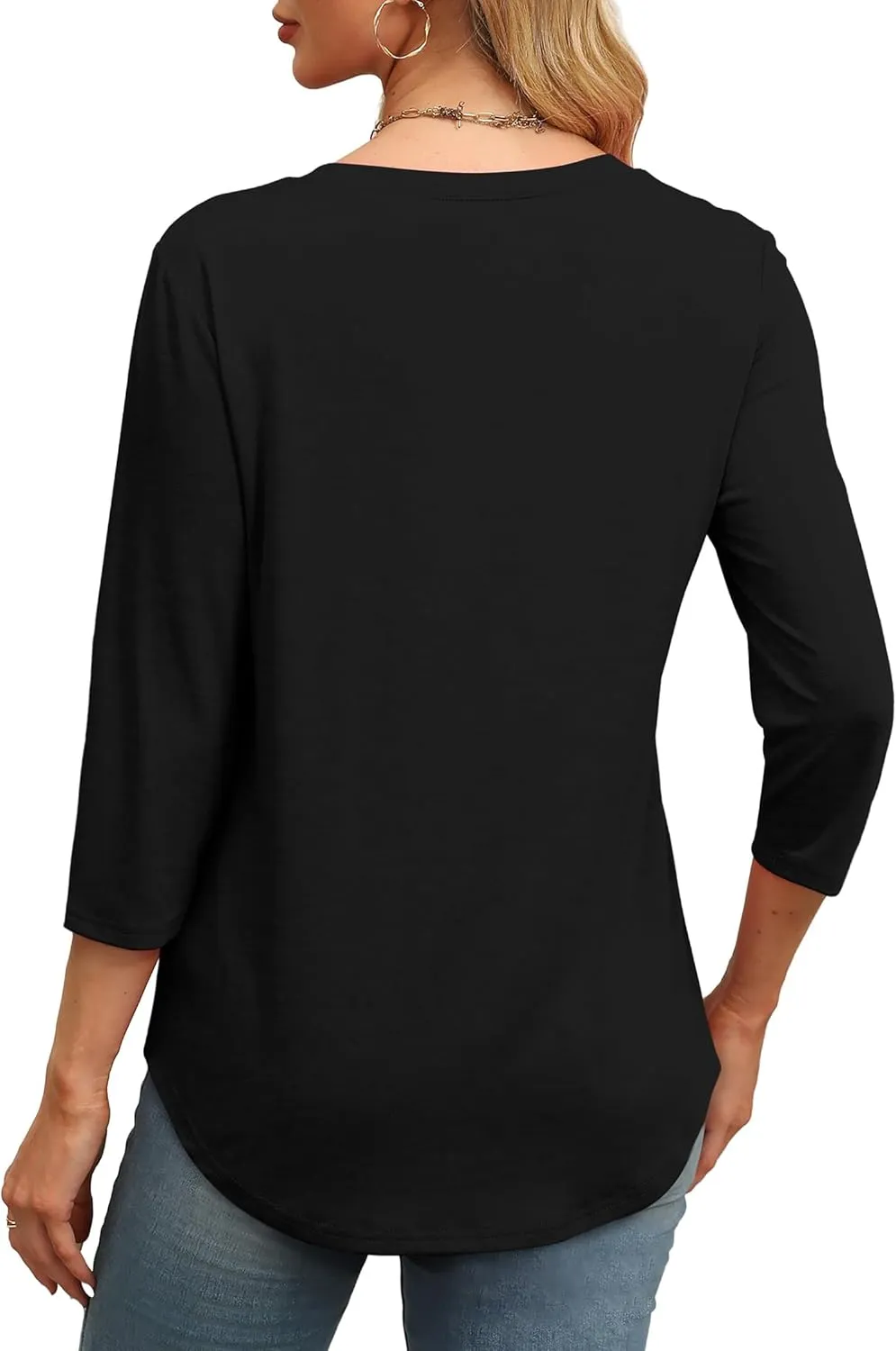 OFEEFAN 3/4 Length Sleeve Womens Tops Round Neck Blouses Dressy Casual Basic Pleated Shirts 2025