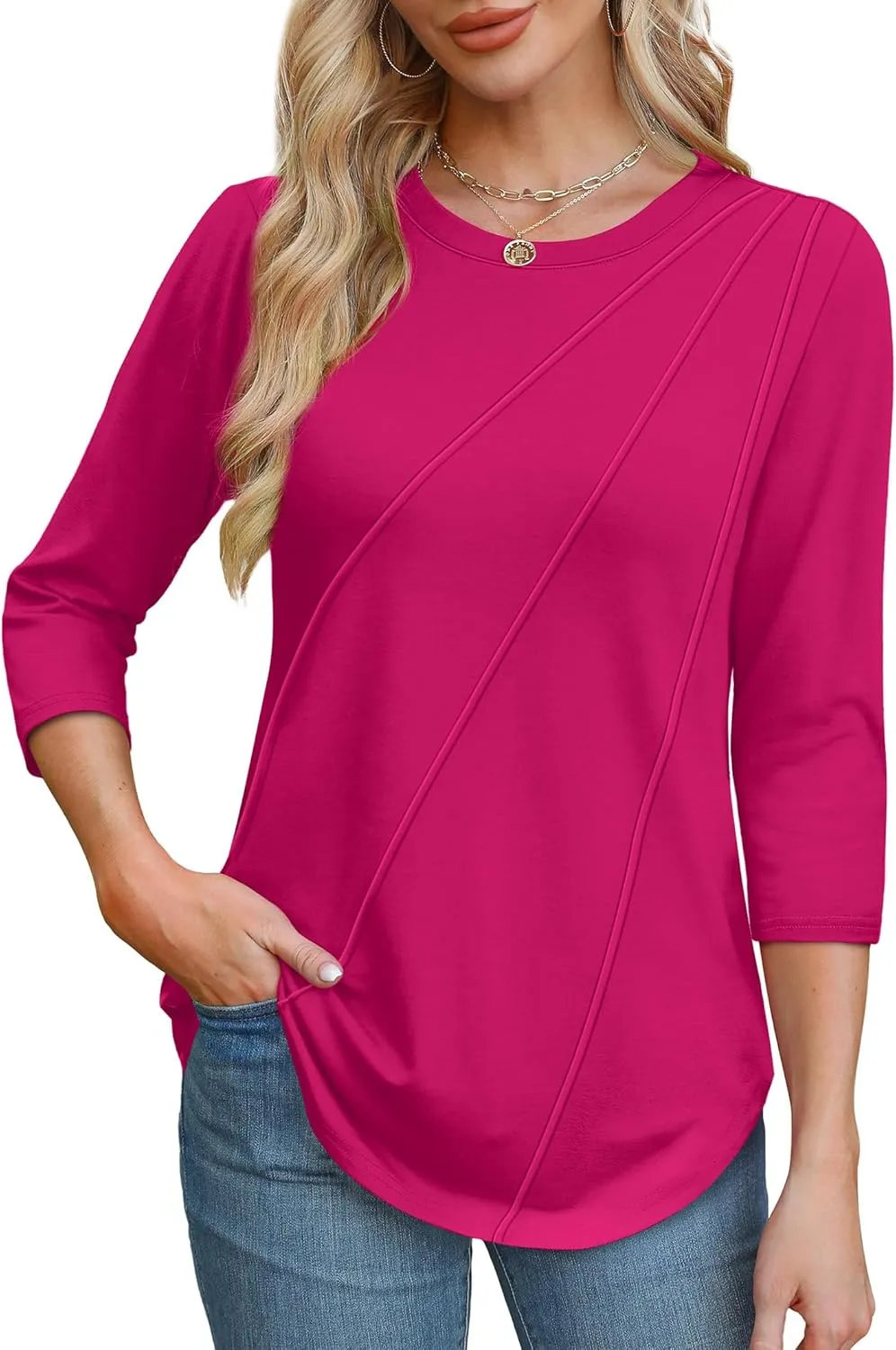 OFEEFAN 3/4 Length Sleeve Womens Tops Round Neck Blouses Dressy Casual Basic Pleated Shirts 2025
