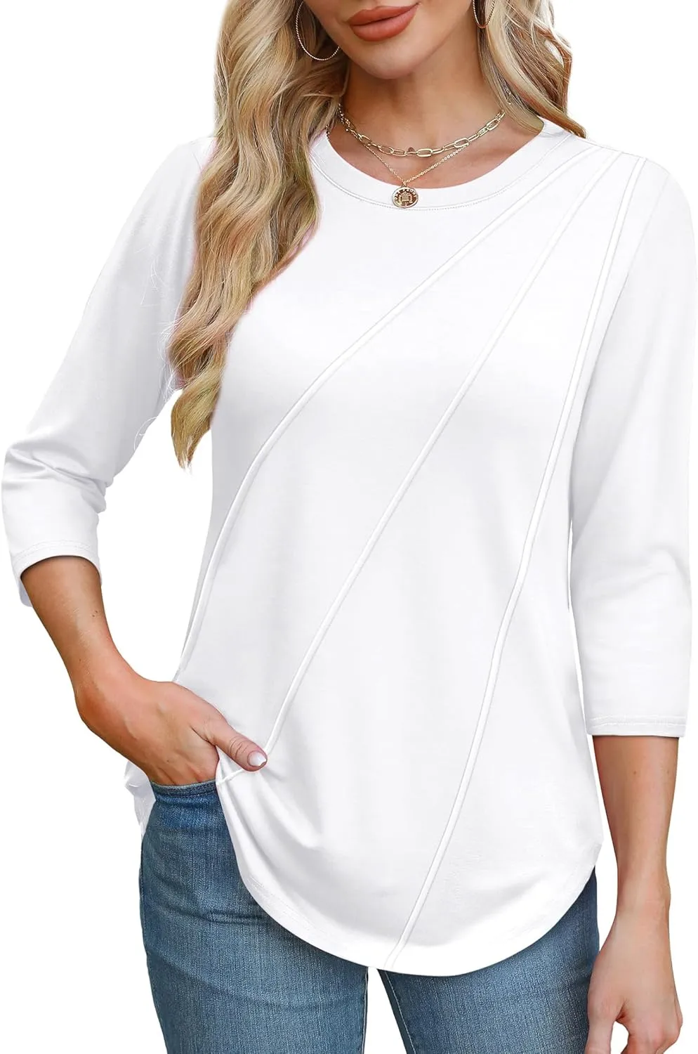 OFEEFAN 3/4 Length Sleeve Womens Tops Round Neck Blouses Dressy Casual Basic Pleated Shirts 2025