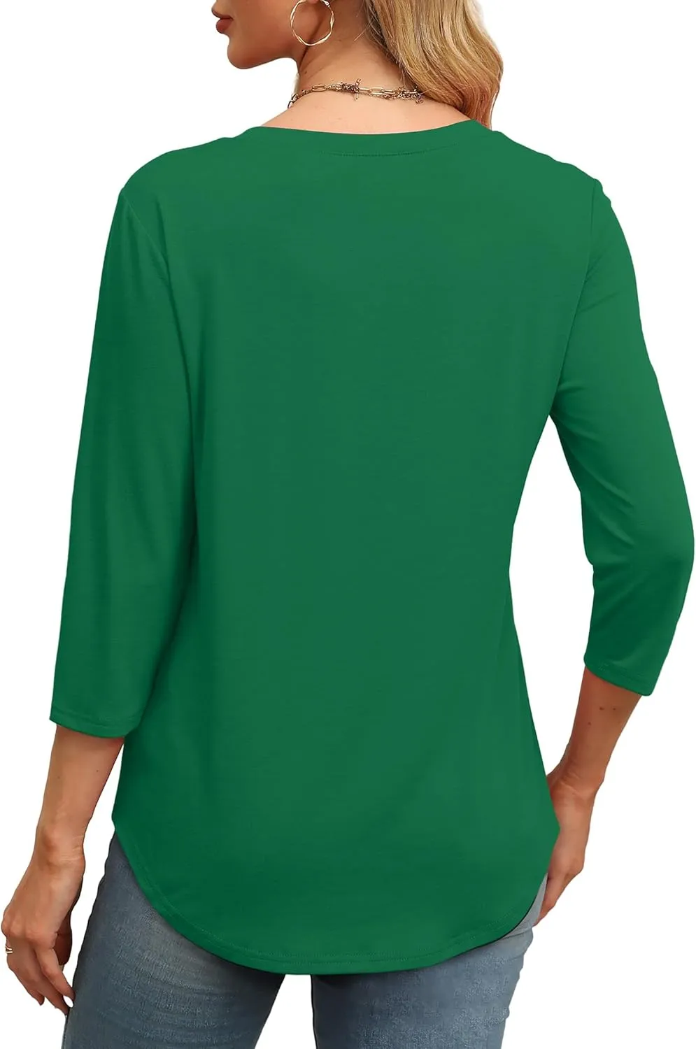 OFEEFAN 3/4 Length Sleeve Womens Tops Round Neck Blouses Dressy Casual Basic Pleated Shirts 2025