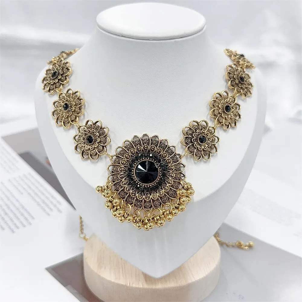 OIDIMS Bollywood Indian Jewelry Sets for Women Wedding Party Jewelry Flower Tassel Beaded Dangle Earring Oxidized Indian Choker Necklace Gold Plated Zirconia Jhumkas Chandelier Earrings Boho Jewelry