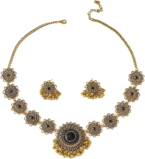 OIDIMS Bollywood Indian Jewelry Sets for Women Wedding Party Jewelry Flower Tassel Beaded Dangle Earring Oxidized Indian Choker Necklace Gold Plated Zirconia Jhumkas Chandelier Earrings Boho Jewelry