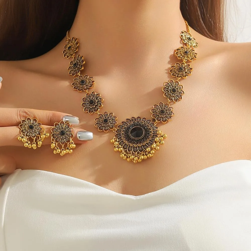 OIDIMS Bollywood Indian Jewelry Sets for Women Wedding Party Jewelry Flower Tassel Beaded Dangle Earring Oxidized Indian Choker Necklace Gold Plated Zirconia Jhumkas Chandelier Earrings Boho Jewelry