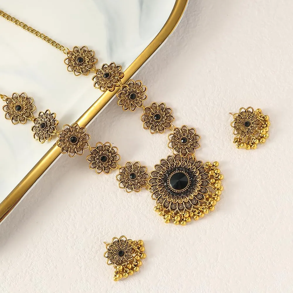 OIDIMS Bollywood Indian Jewelry Sets for Women Wedding Party Jewelry Flower Tassel Beaded Dangle Earring Oxidized Indian Choker Necklace Gold Plated Zirconia Jhumkas Chandelier Earrings Boho Jewelry