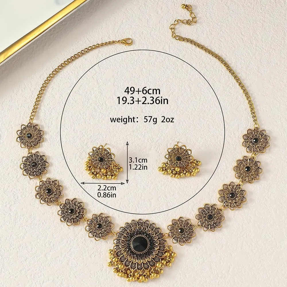 OIDIMS Bollywood Indian Jewelry Sets for Women Wedding Party Jewelry Flower Tassel Beaded Dangle Earring Oxidized Indian Choker Necklace Gold Plated Zirconia Jhumkas Chandelier Earrings Boho Jewelry