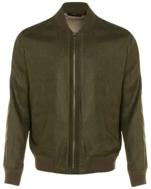 Olive Green Linen Bomber Jacket