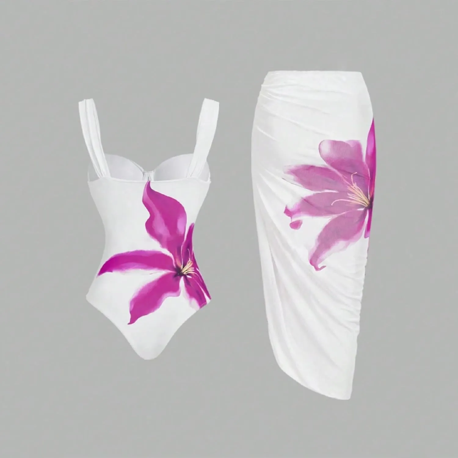 One Piece Bathing Suits for Women Floral Printed Push Up Swimsuit with Coverups Wrap Skirt 2 Piece Swimwear