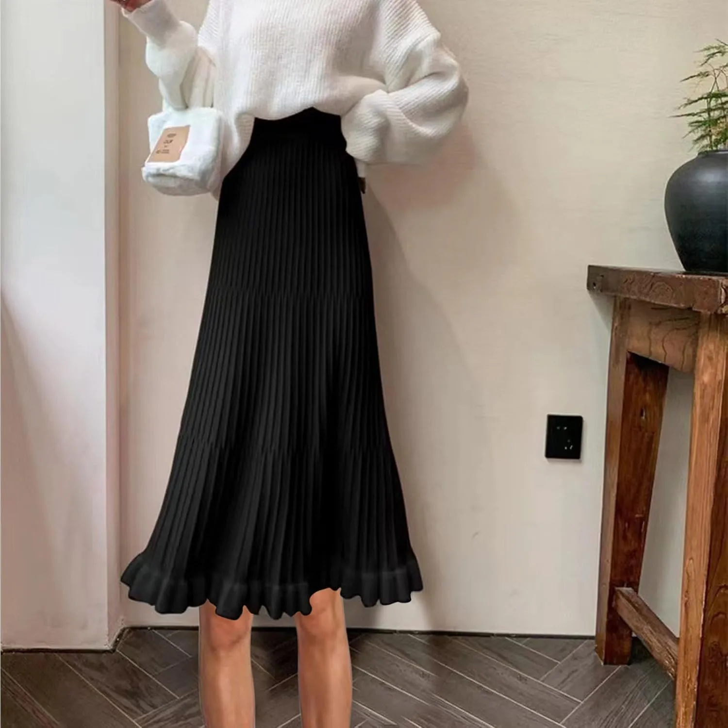Oplxuo Women's Elegant Knit Pleated Skirts, Elastic High Waist Ruffle Hem A Line Midi Skirt for Fall Winter