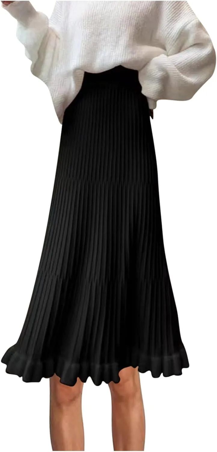 Oplxuo Women's Elegant Knit Pleated Skirts, Elastic High Waist Ruffle Hem A Line Midi Skirt for Fall Winter