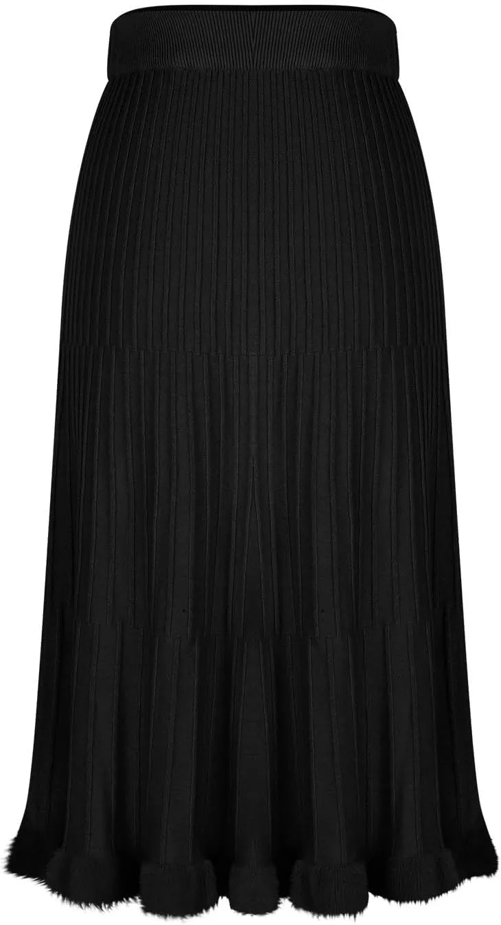 Oplxuo Women's Elegant Knit Pleated Skirts, Elastic High Waist Ruffle Hem A Line Midi Skirt for Fall Winter