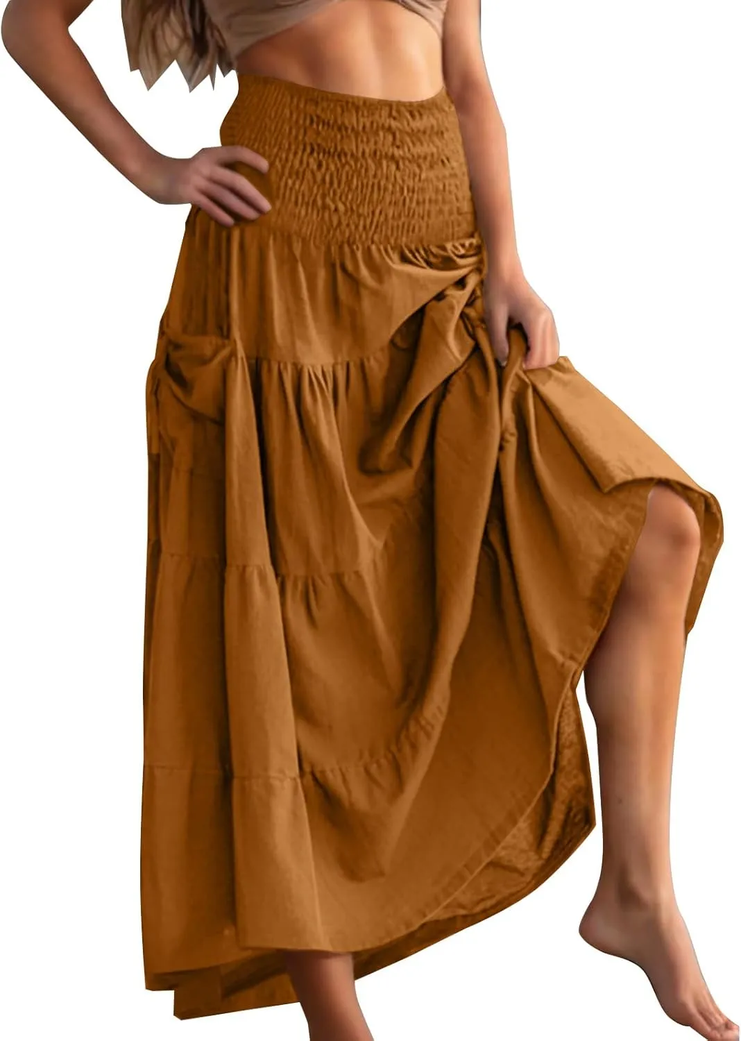 Oplxuo Women's Summer Boho Maxi Skirt A-Line Flowy Ruffle Tiered Smocked Elastic High Waist Beach Long Skirts with Pockets