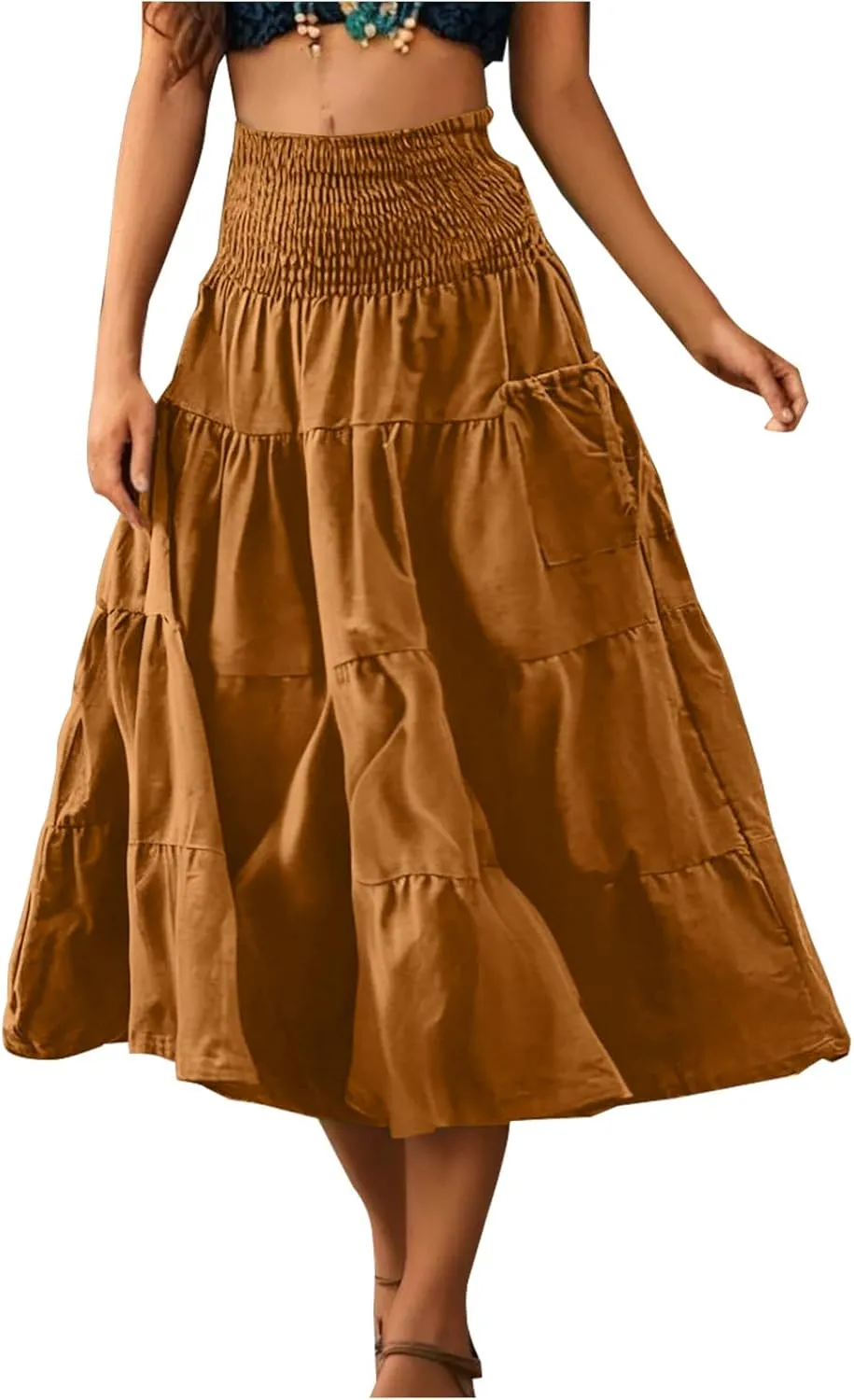Oplxuo Women's Summer Boho Maxi Skirt A-Line Flowy Ruffle Tiered Smocked Elastic High Waist Beach Long Skirts with Pockets