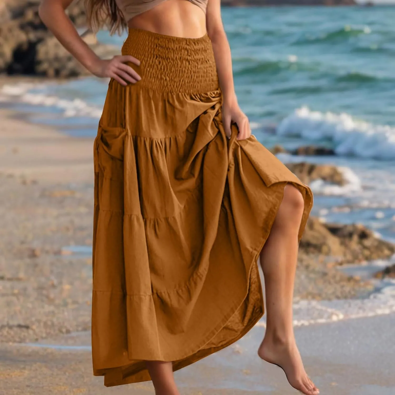 Oplxuo Women's Summer Boho Maxi Skirt A-Line Flowy Ruffle Tiered Smocked Elastic High Waist Beach Long Skirts with Pockets
