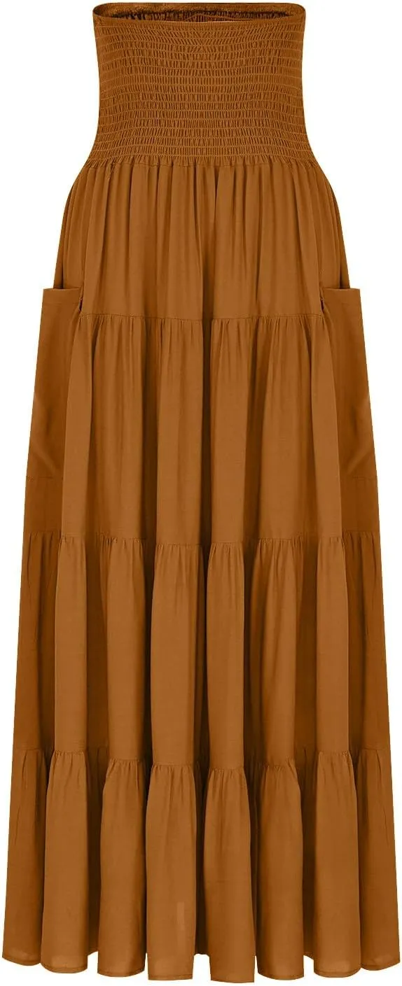 Oplxuo Women's Summer Boho Maxi Skirt A-Line Flowy Ruffle Tiered Smocked Elastic High Waist Beach Long Skirts with Pockets