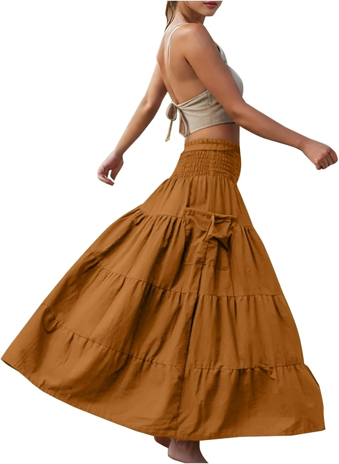 Oplxuo Women's Summer Boho Maxi Skirt A-Line Flowy Ruffle Tiered Smocked Elastic High Waist Beach Long Skirts with Pockets