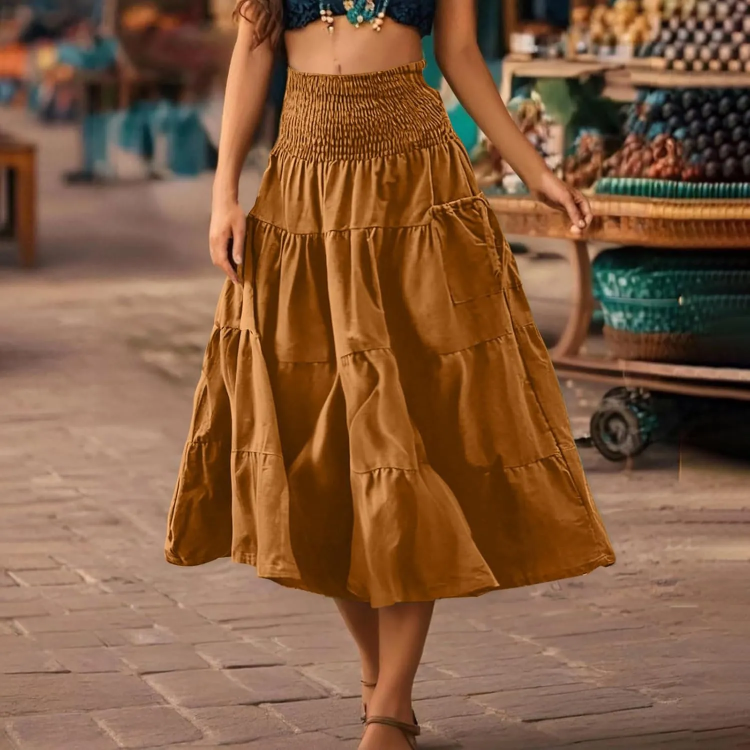 Oplxuo Women's Summer Boho Maxi Skirt A-Line Flowy Ruffle Tiered Smocked Elastic High Waist Beach Long Skirts with Pockets