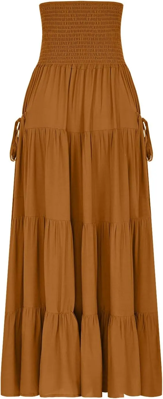 Oplxuo Women's Summer Boho Maxi Skirt A-Line Flowy Ruffle Tiered Smocked Elastic High Waist Beach Long Skirts with Pockets