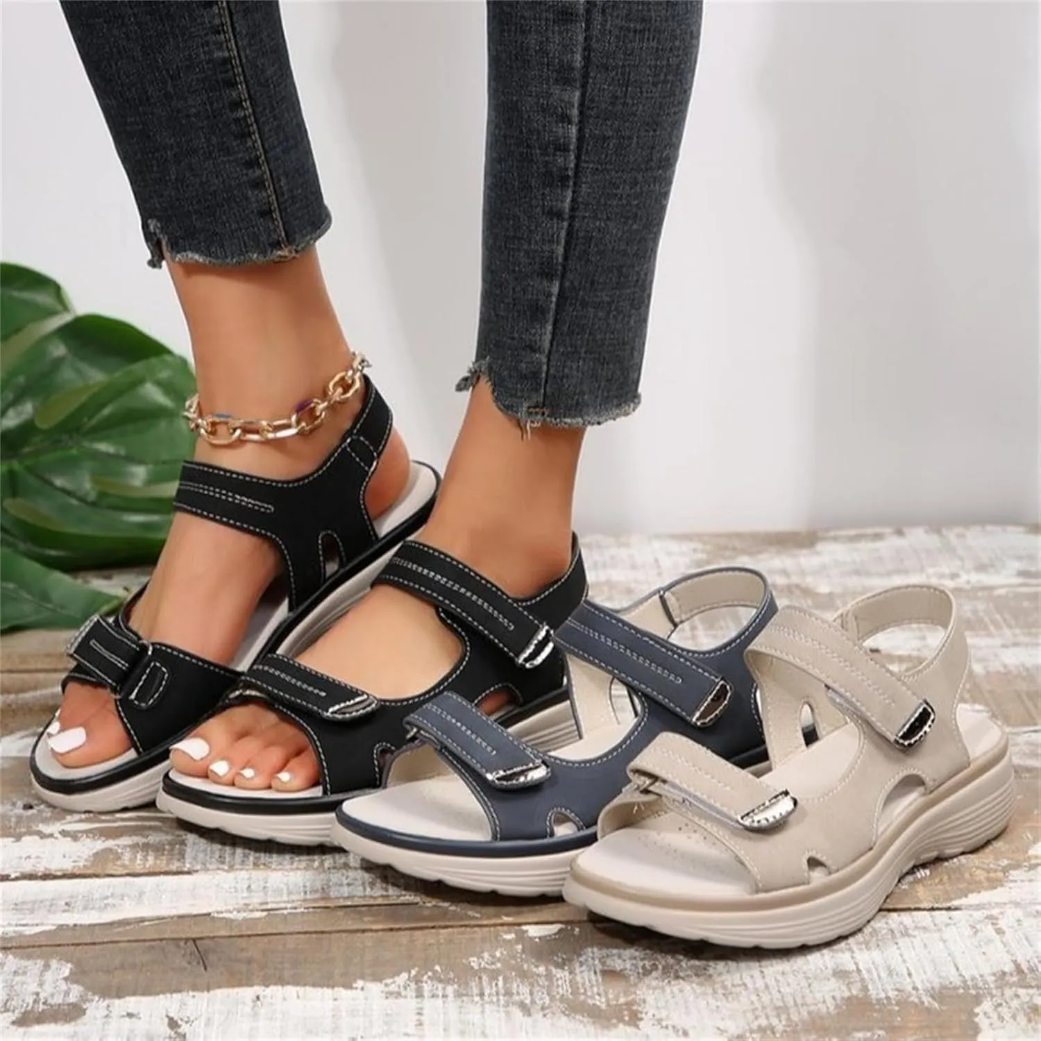 Orthopedic Sandals for Women Arch Support Sandals Women's Summer Platform Walking Sandal, Hook Loop Slip on Wedges Comfortable Double Strap Walking Sneakers Beach Outdoor Sport Shoes