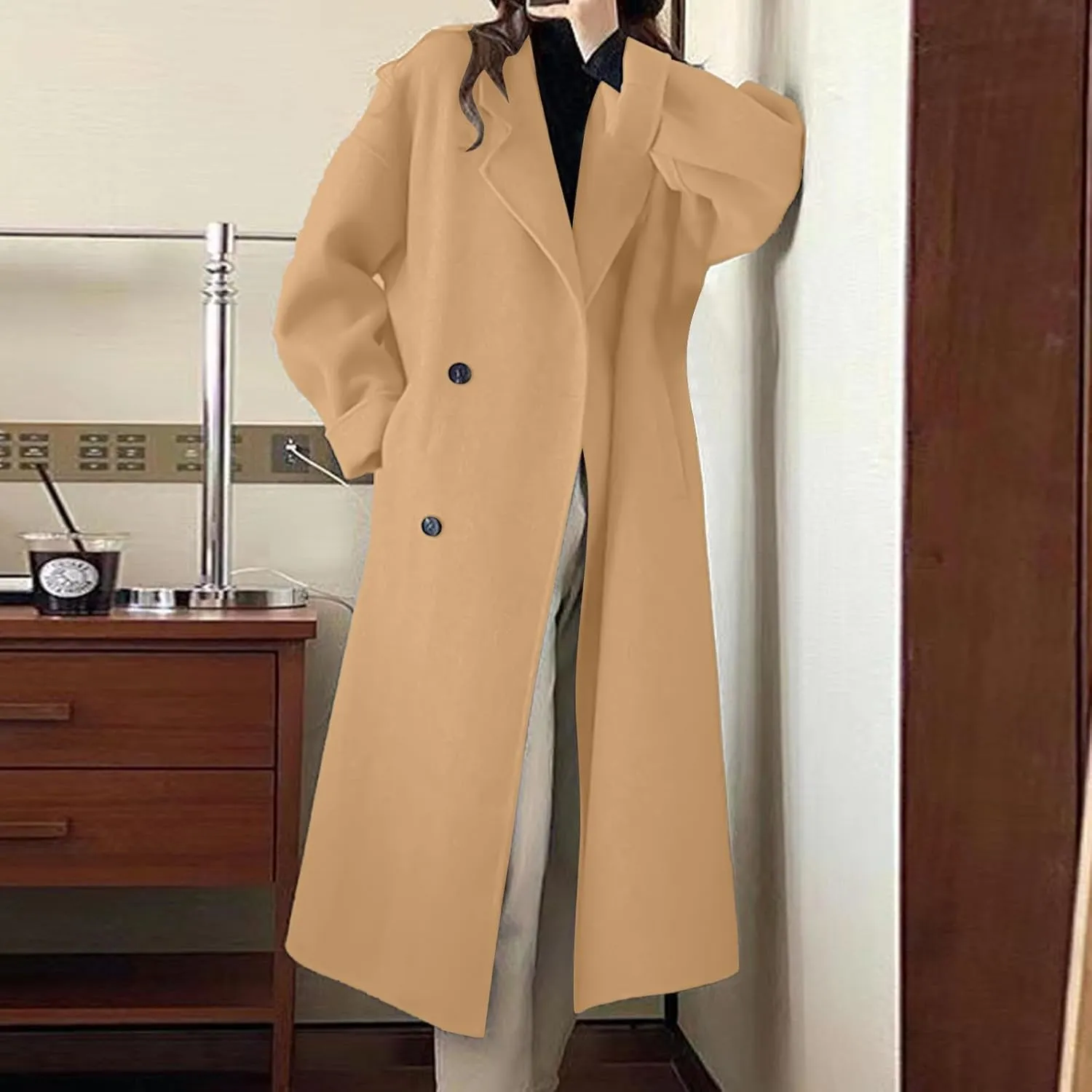 Oversized Trench Coats Women Thicken Wool Blend Long Coat Double Breasted Fall Winter Fashion Peacoat Lapel Jackets