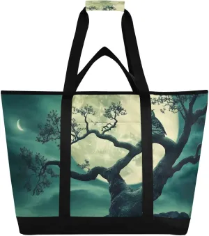 Owl Tree Moon Large Insulated Tote Bag for Grocery Shopping Reusable Tote Bags for Women Men, Cooler Bag with Zippered Top & Handles for Beach Picnic Travel