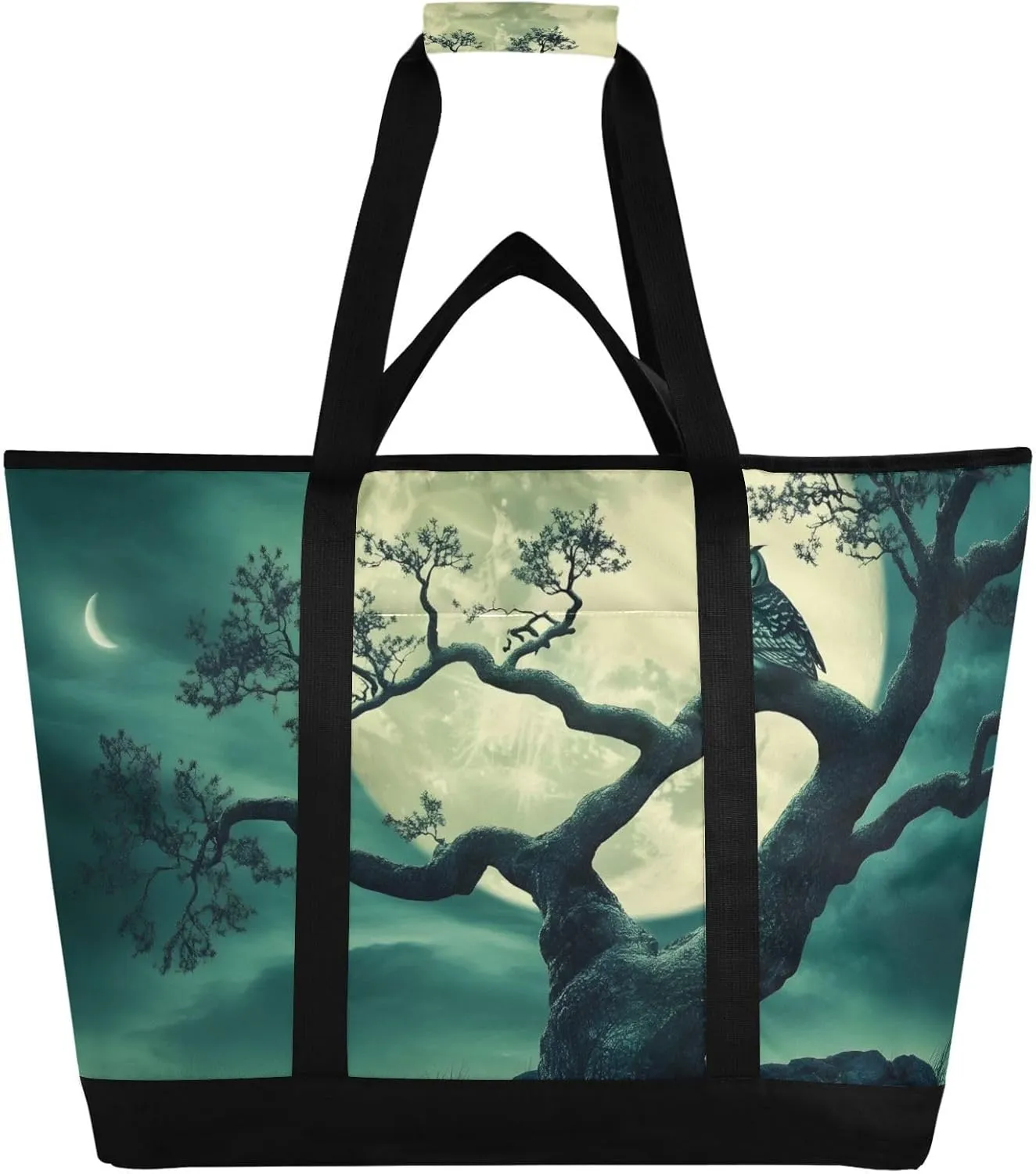 Owl Tree Moon Large Insulated Tote Bag for Grocery Shopping Reusable Tote Bags for Women Men, Cooler Bag with Zippered Top & Handles for Beach Picnic Travel