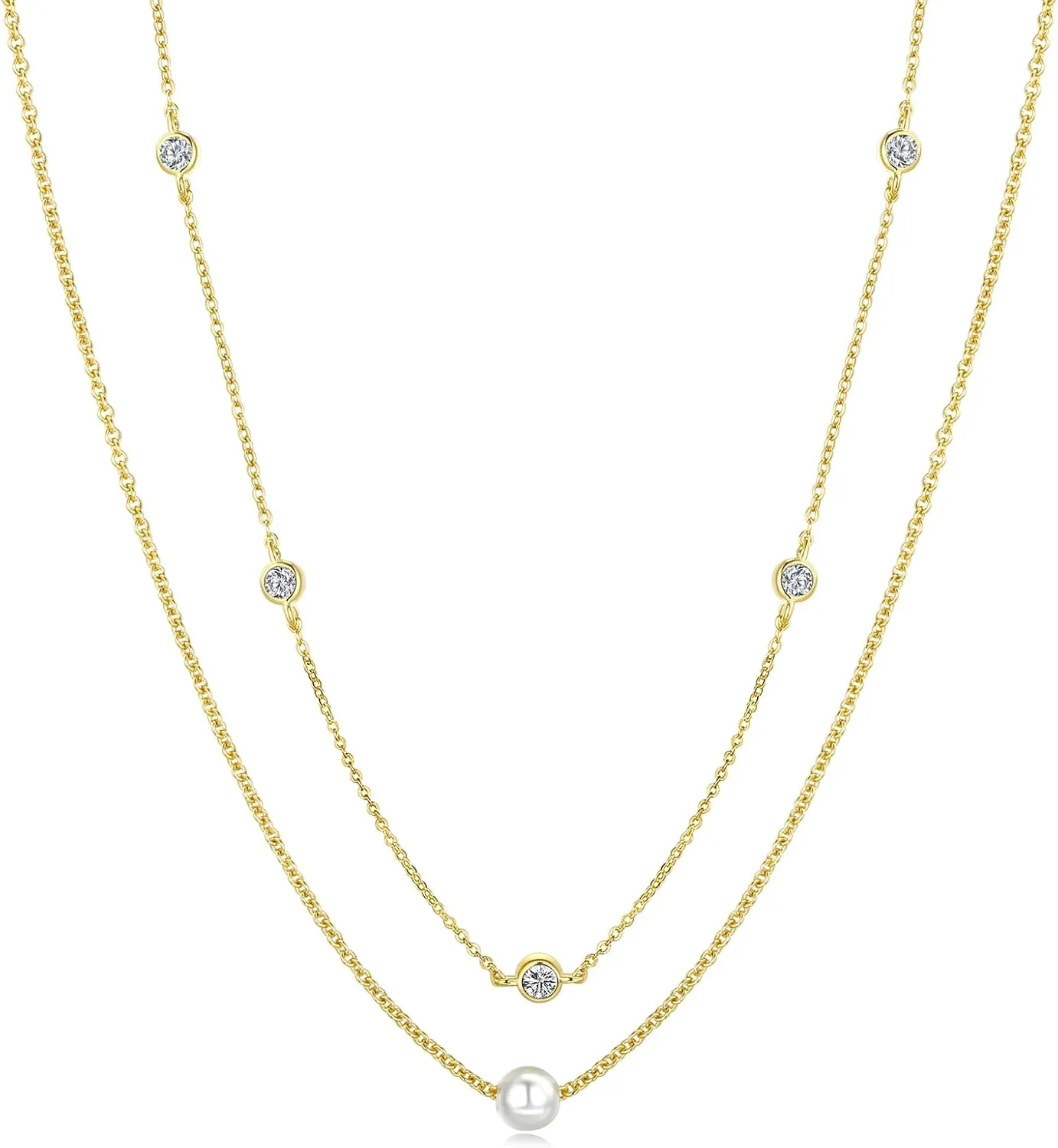 Pearl Layered Necklaces for Women, 14K Gold Plated Necklace Dainty Gold Pendant Necklace with Cubic Zirconia Trendy Jewelry Layering Choker Necklace Gifts