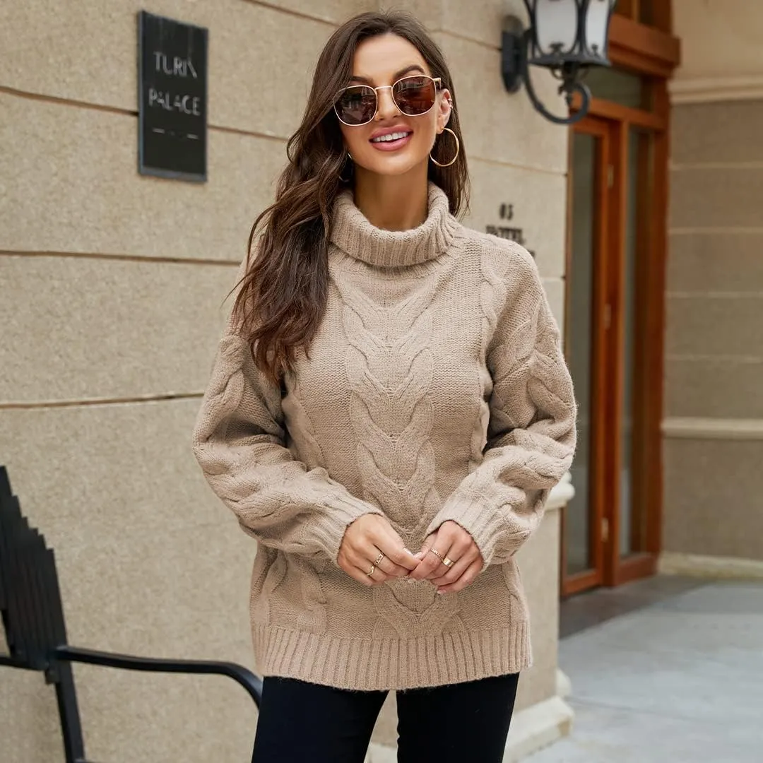 PEHMEA Womens Turtleneck Sweaters Balloon Long Sleeve Chunky Cable Knitted Pullover Sweater Jumper Tops
