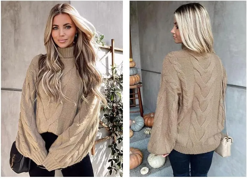 PEHMEA Womens Turtleneck Sweaters Balloon Long Sleeve Chunky Cable Knitted Pullover Sweater Jumper Tops