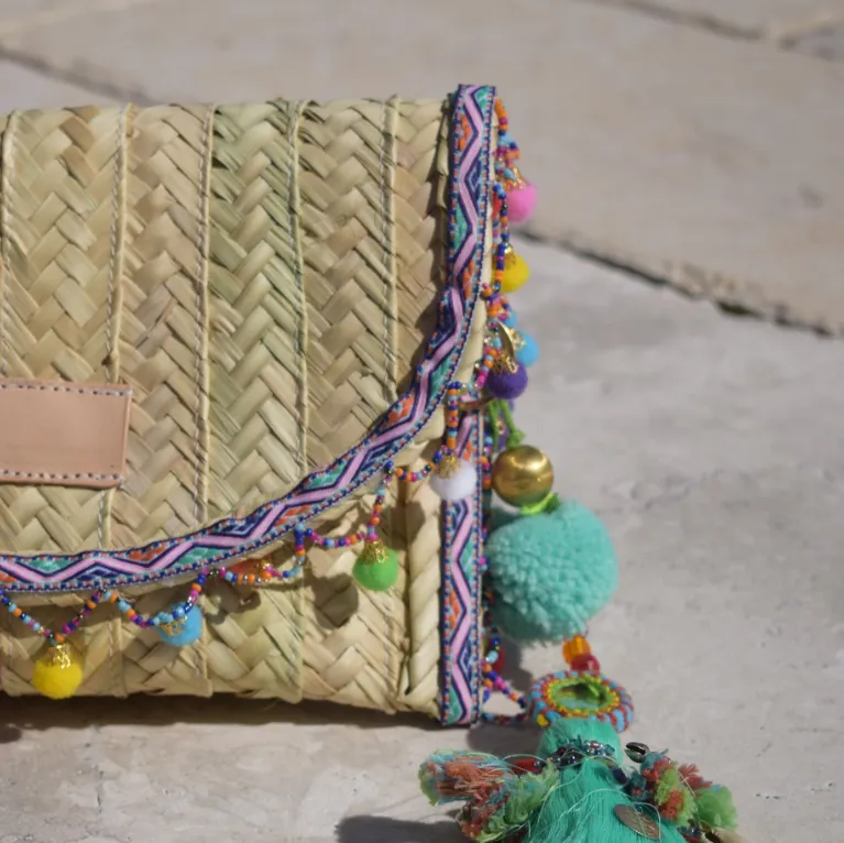 Penelope Multicolor Pom Pom Trim Straw Clutch