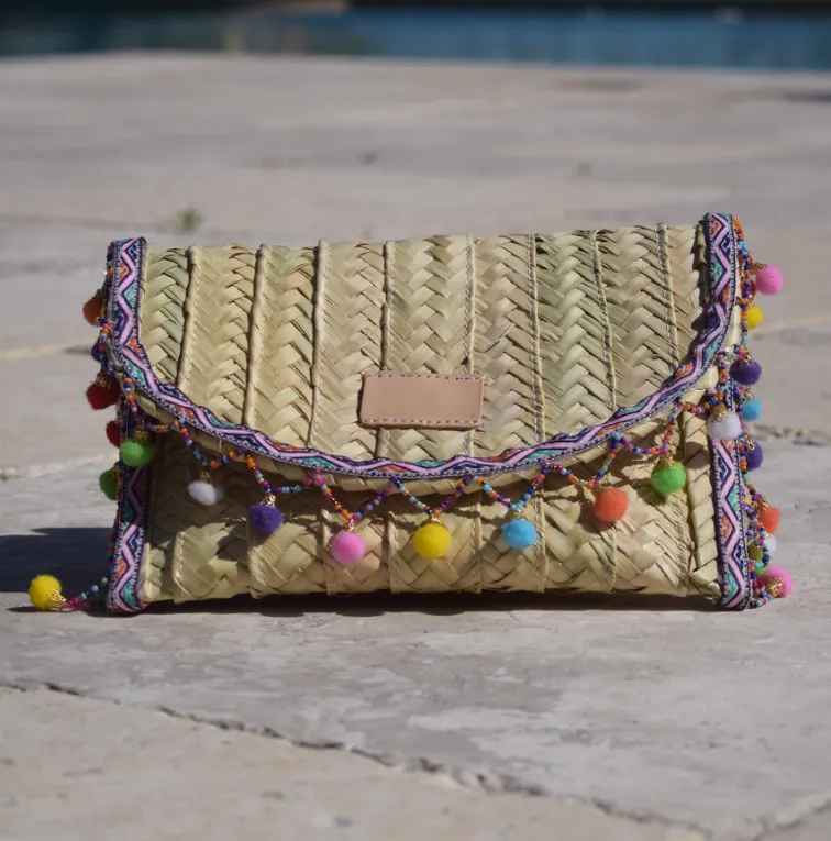 Penelope Multicolor Pom Pom Trim Straw Clutch