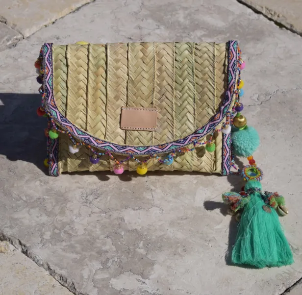 Penelope Multicolor Pom Pom Trim Straw Clutch