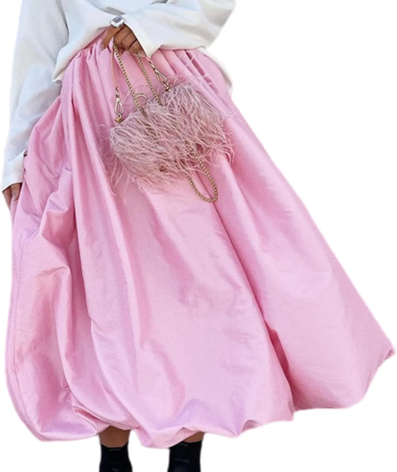 Perbai Women's Y2k Bubble Maxi Skirt High Waisted A Line Pleated Ruffle Flowy Balloon Long Skirts