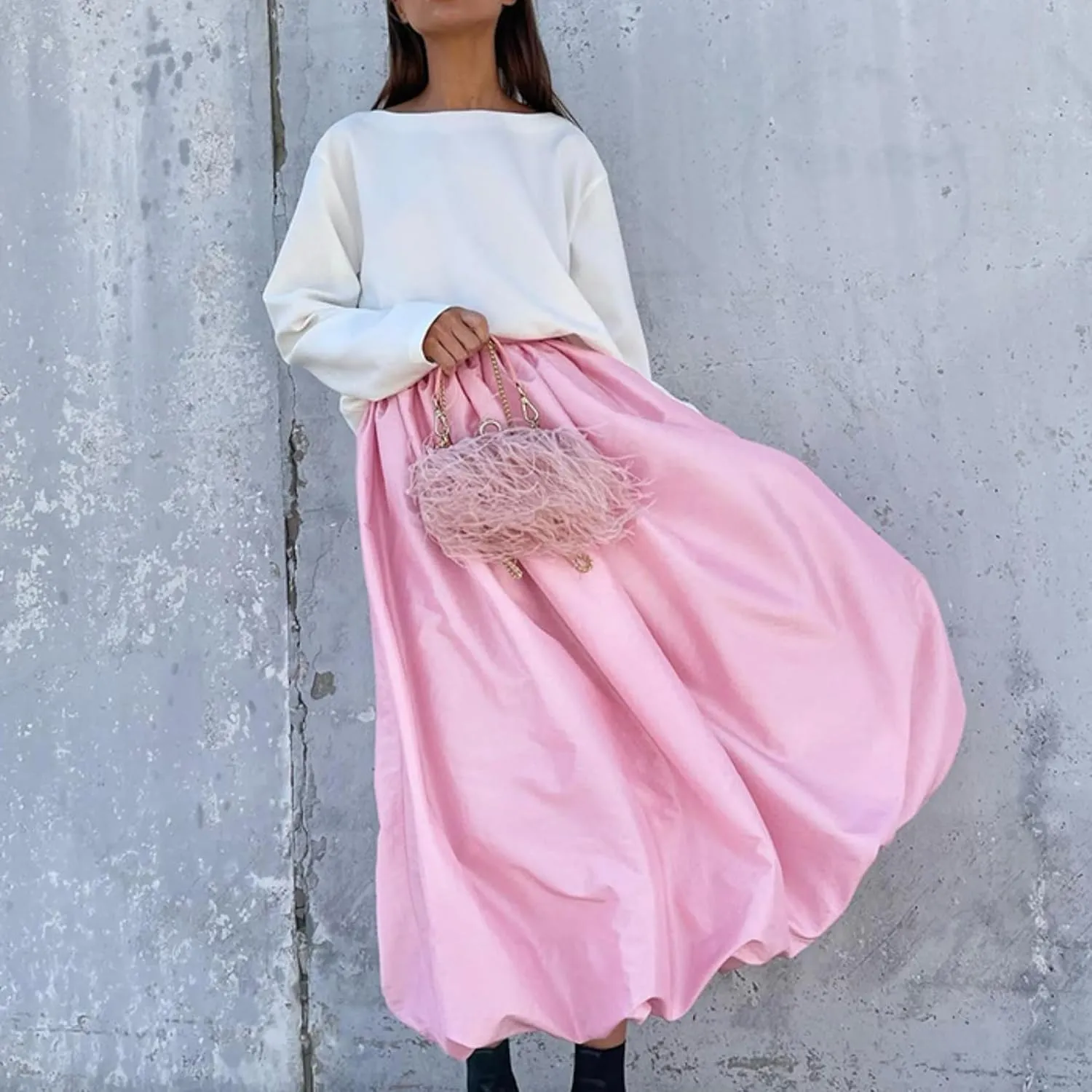 Perbai Women's Y2k Bubble Maxi Skirt High Waisted A Line Pleated Ruffle Flowy Balloon Long Skirts