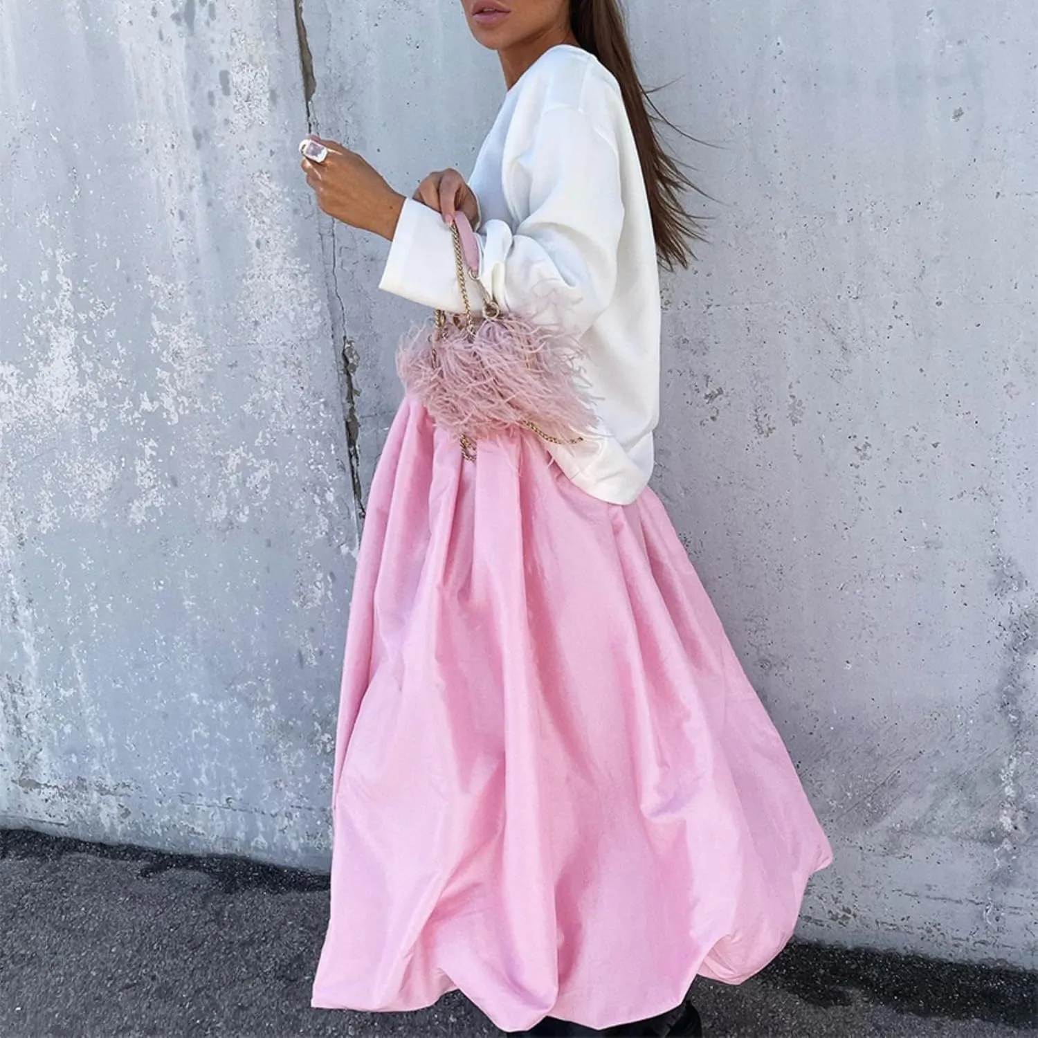 Perbai Women's Y2k Bubble Maxi Skirt High Waisted A Line Pleated Ruffle Flowy Balloon Long Skirts