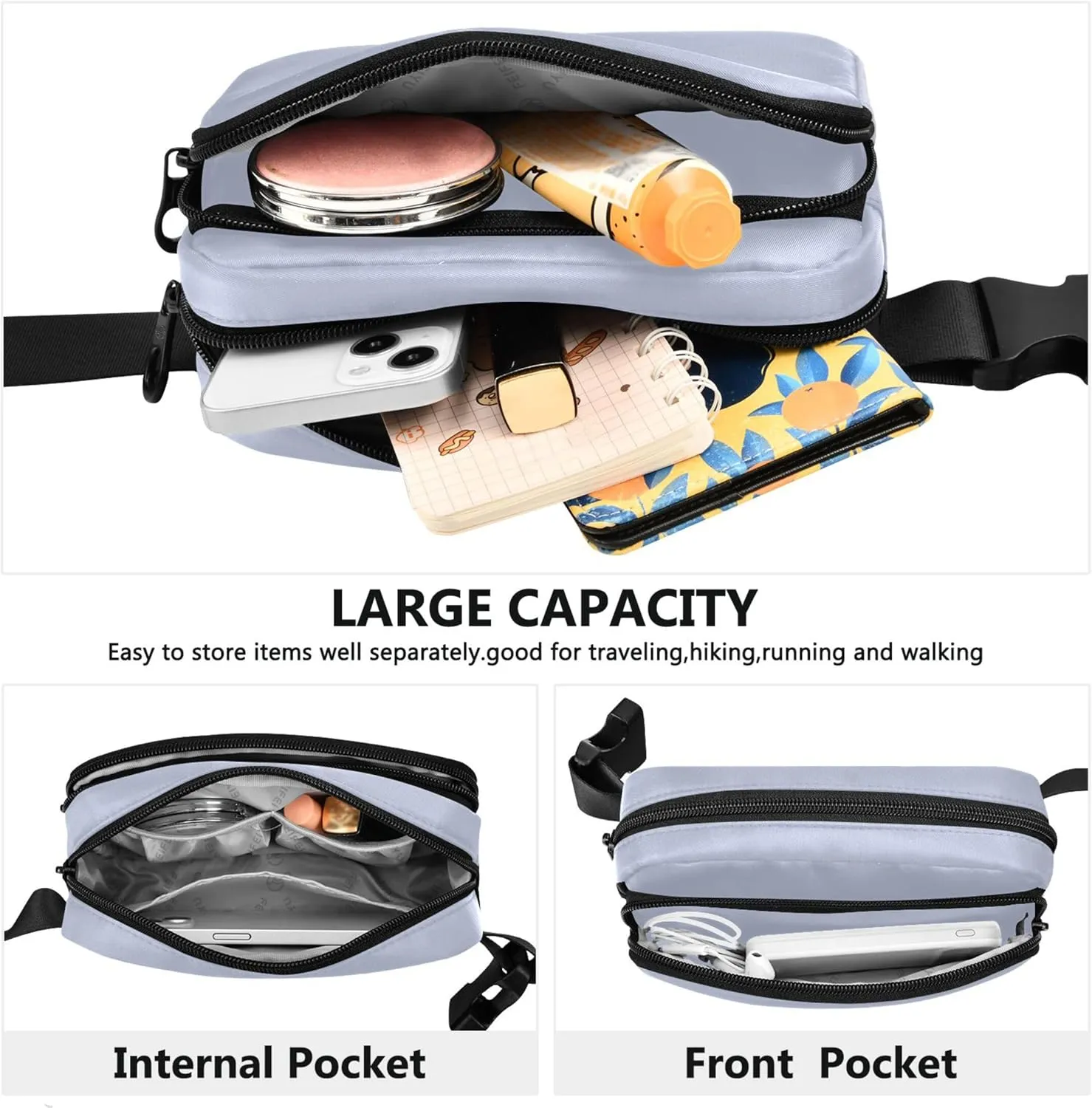 Periwinkle Light Blue Fanny Packs for Women Large Hip Belt Bag Waterproof Hiking Travel Waist Bag
