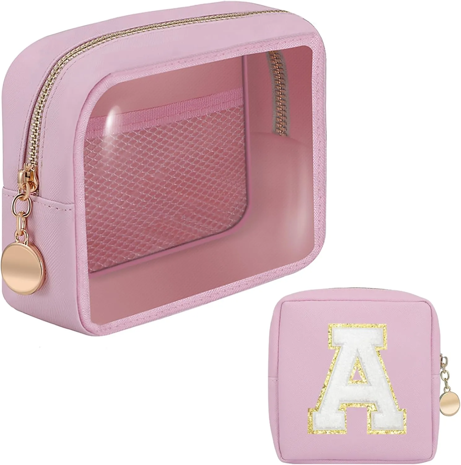 Personalized Initial Clear Bags Set, Clear Cosmetic Bags,Make Up Pouches, Clear Pouch for Organization, Clear Toiletry Travel Bag,Gifts for Women (A, Pink (1 Mini))